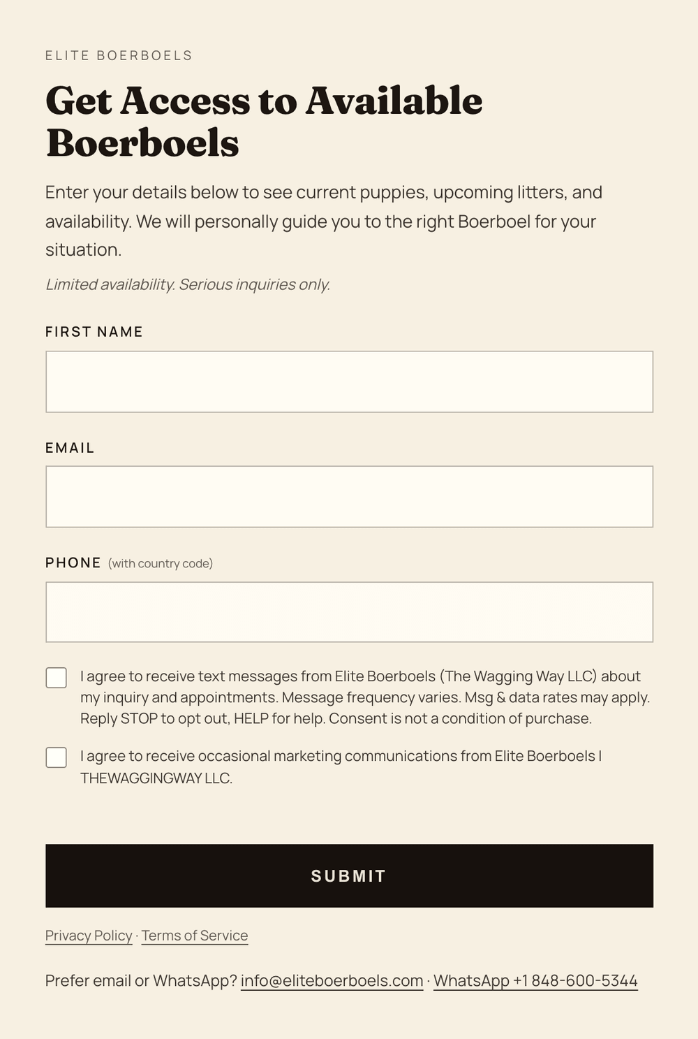 Captura de tela do formulário do site da Elite Boerboels com os campos de nome, e-mail e telefone e a caixa de consentimento para SMS desmarcada